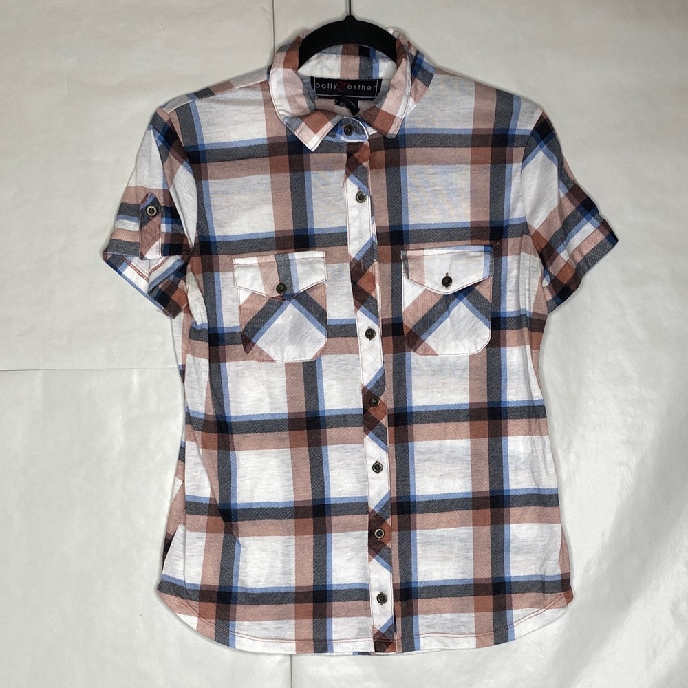 Polly & Esther Men’s Short-Sleeve Plaid Shirt - White, Brown & Blue